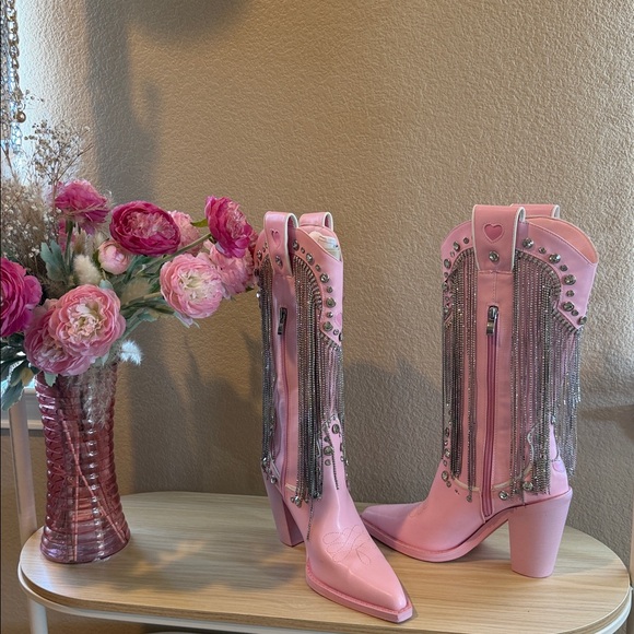 Dolls Kill Pink Western Rhinestone Fringe Boots - Picture 3 of 11